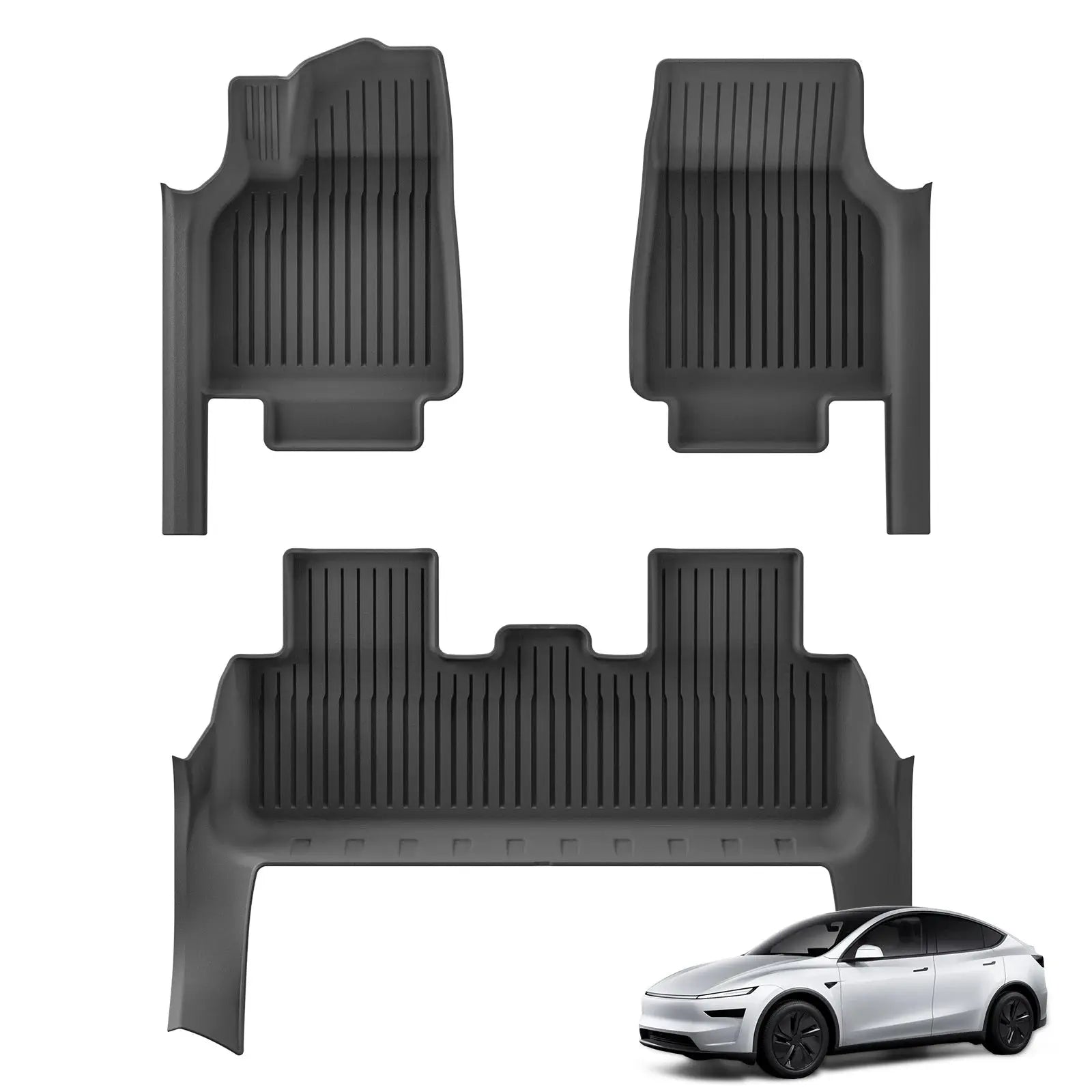 Set of 4 black TPE floor mats for Tesla Model Y 5-seat, front and rear with door sill protection.