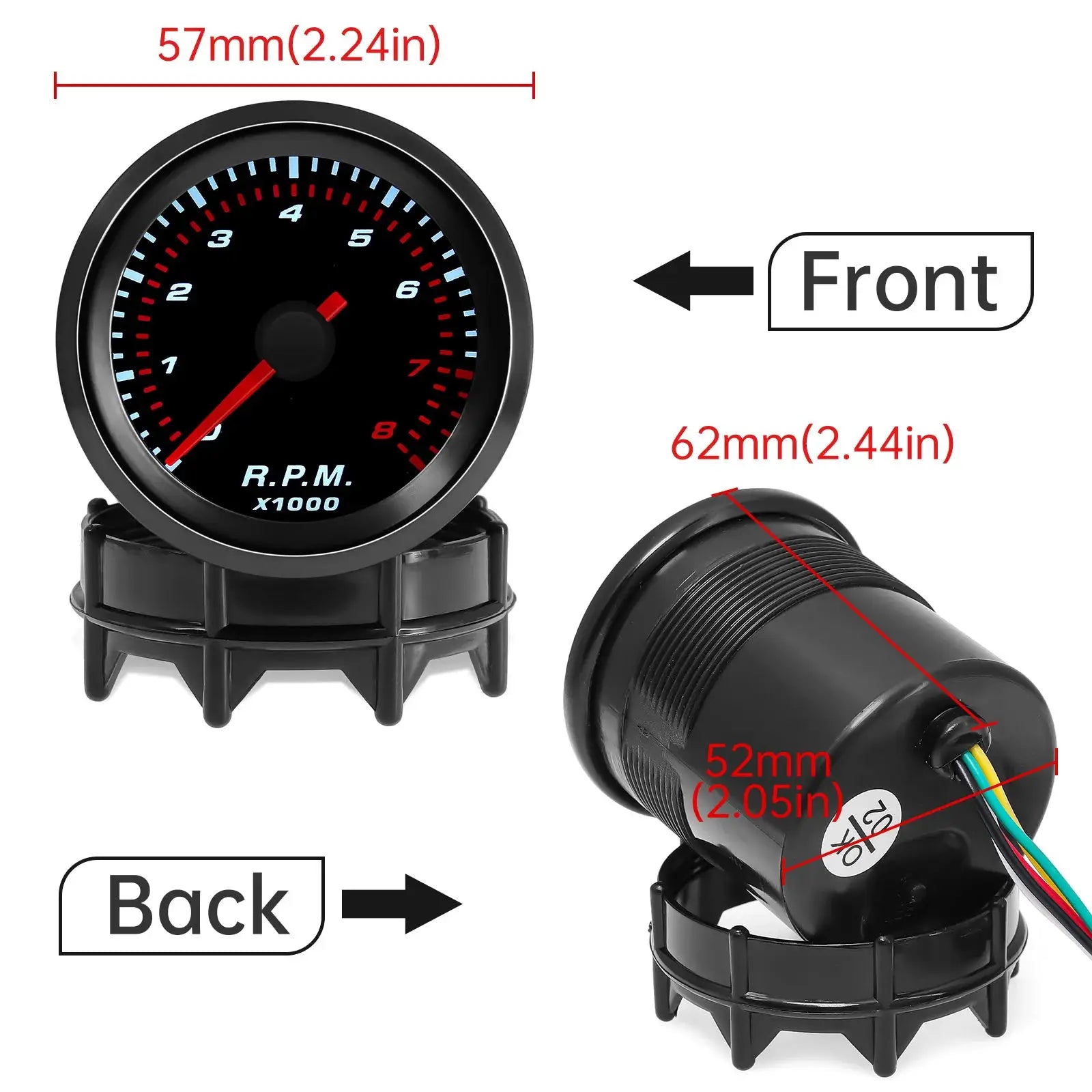 Tachometer gauge, black 2-inch RPM x1000 with red needle; front 57mm diameter, back shows wiring harness and 52mm housing.