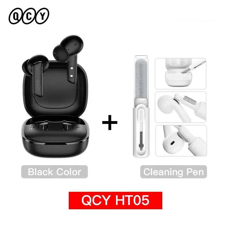 QCY HT05 wireless earbuds with black charging case and cleaning pen 2-piece set