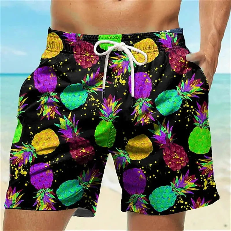 Men's shorts by Simples Market with colorful 3D pineapple graffiti print on black, drawstring waist.