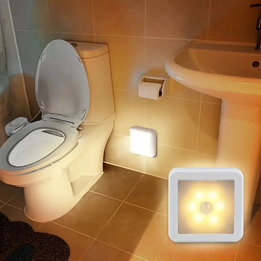 Simples Market motion sensor LED nightlight, white square, wireless two-pack for bathroom.
