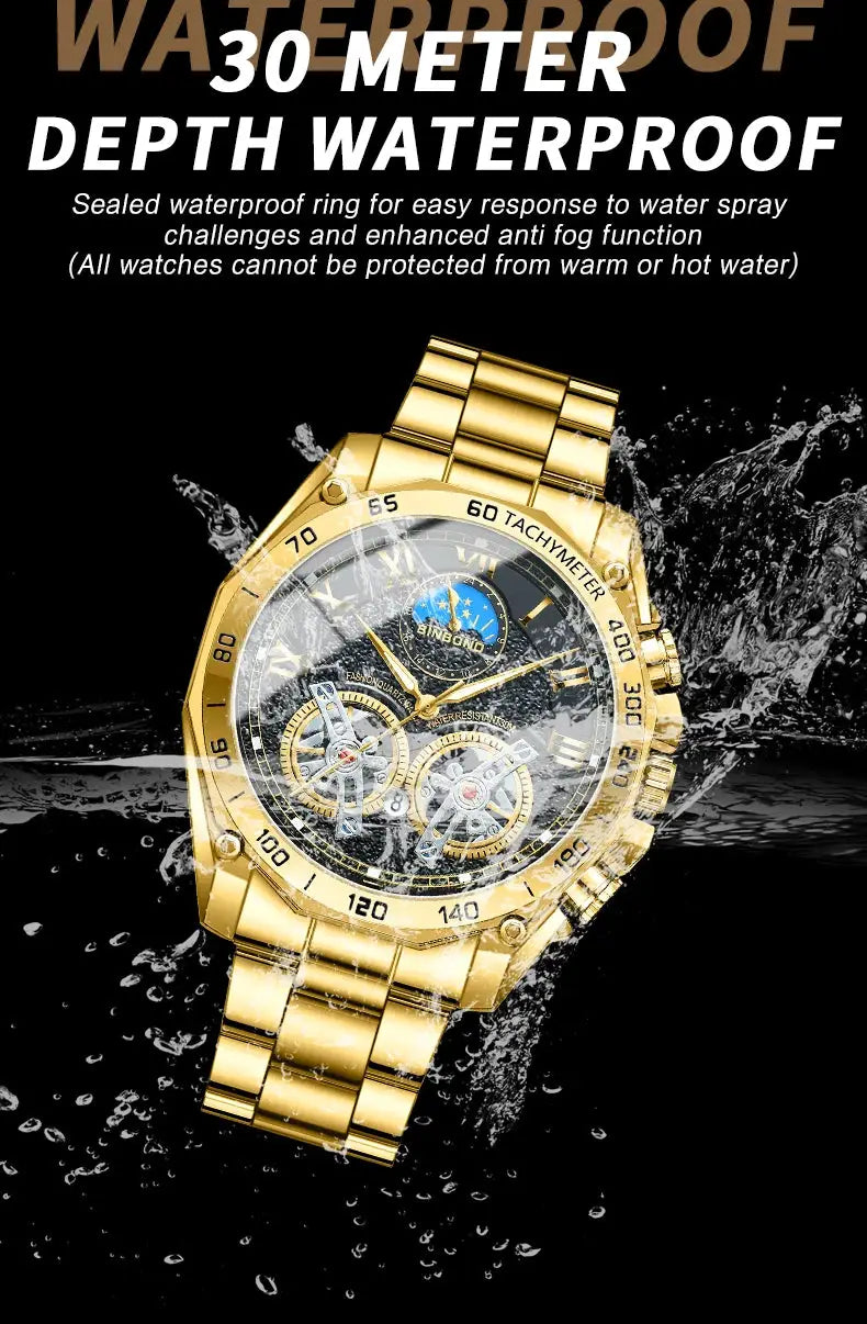 BINBOND luxury men's gold-tone quartz watch with skeleton dial, tachymeter bezel, water resistant 30m