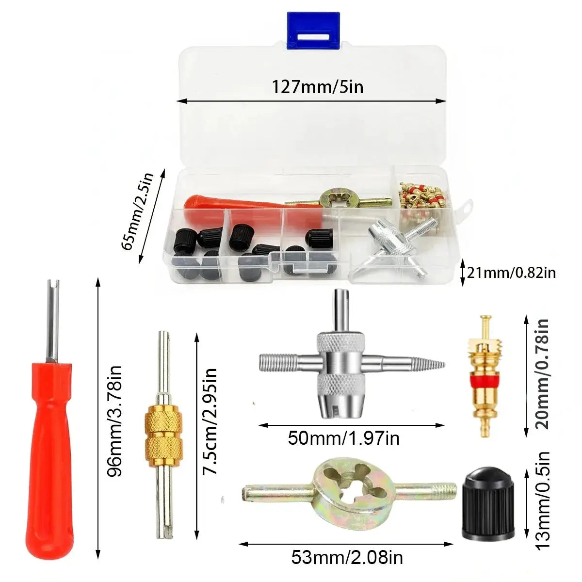 Universal tire valve core remover toolkit by Simples Market with cores, caps in a clear plastic case