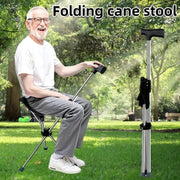 2-in-1 folding cane and chair travel stool; silver frame with black grip, outdoors.