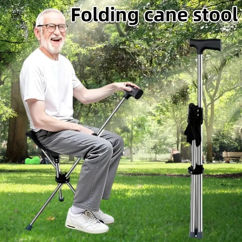 2-in-1 folding cane and chair travel stool; silver frame with black grip, outdoors.