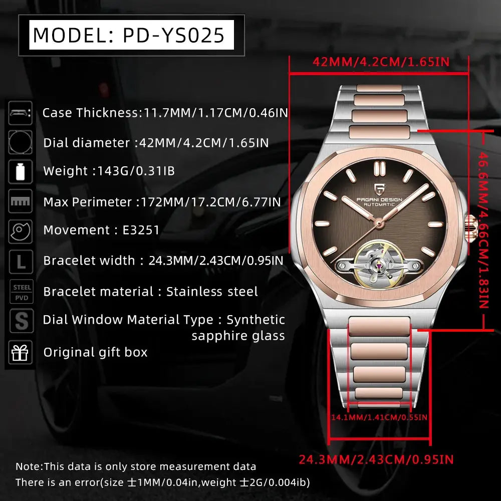 Pagani Design PD-YS025 two-tone stainless steel men's watch with skeleton dial and automatic movement