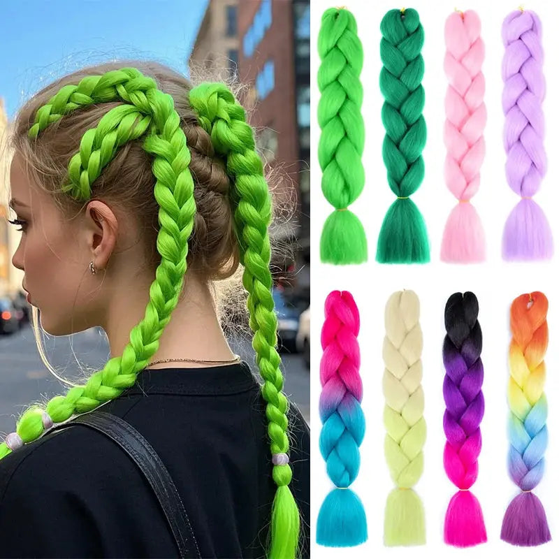 24-inch synthetic yaki jumbo braid hair extensions in neon green with assorted color swatches