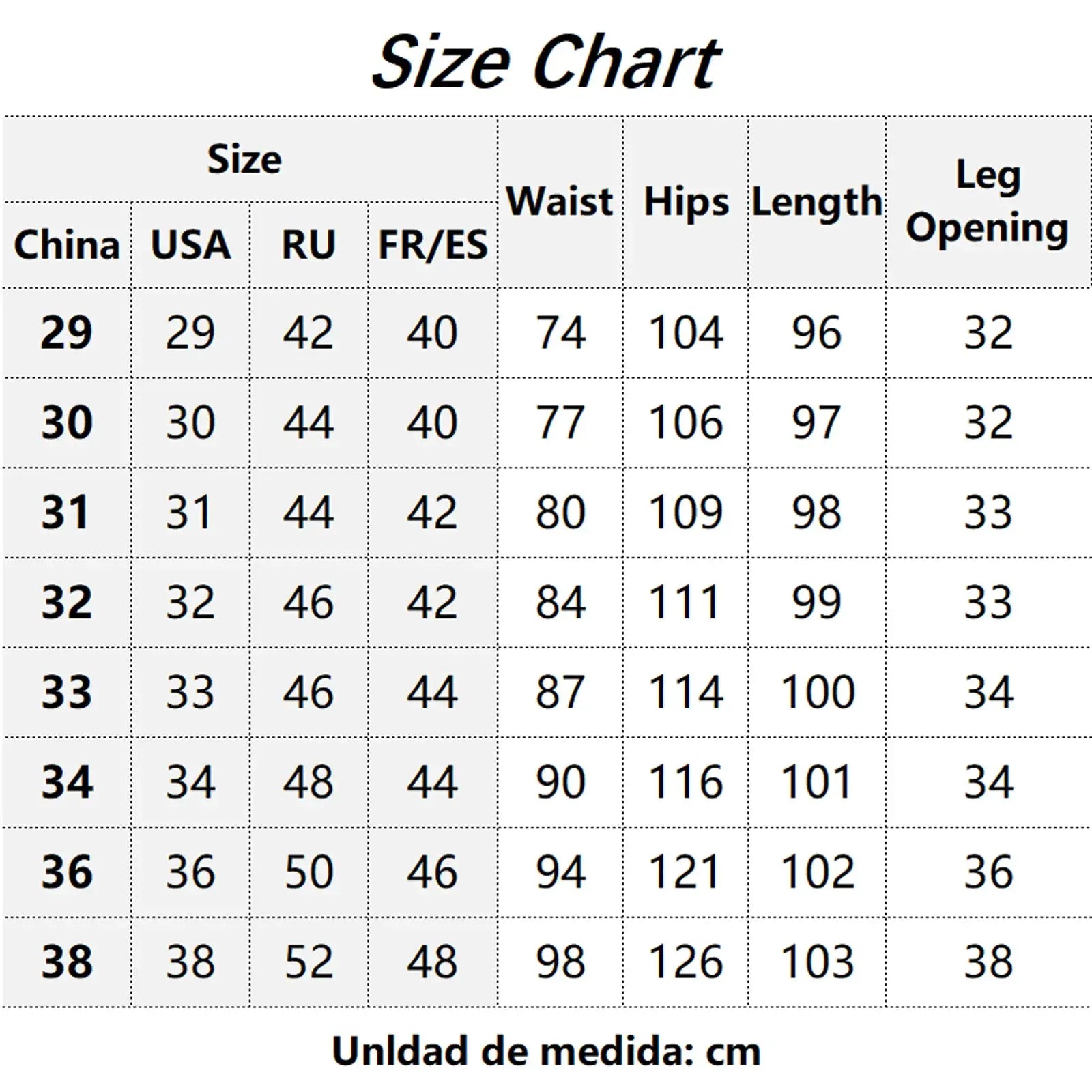 Size chart for HIQOR men's winter cargo pants by Simples Market, showing waist, hips, length and leg opening in cm
