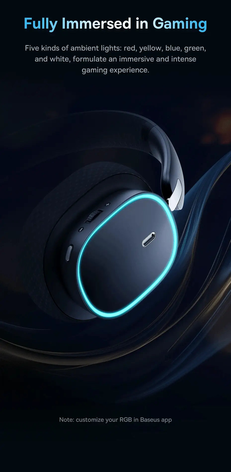 Baseus GH02 gaming wireless over-ear headphones with mic, Bluetooth 5.3, blue RGB ring