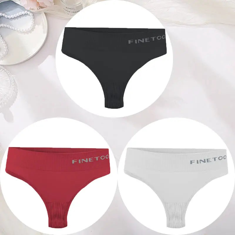 3-pack women's seamless high-waist thong underwear by FINETOO in black, red, and white