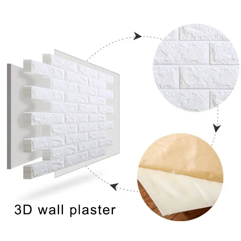 3D PVC wall plaster brick sticker; white textured, waterproof wall decor for kitchen, bedroom or living room