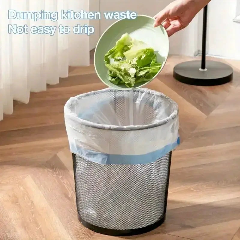 Drawstring kitchen trash bag by Simples Market; thickened plastic, large capacity for dorm or home use.