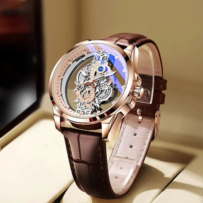 Men's skeleton watch with rose-gold case and brown leather strap, visible gears.