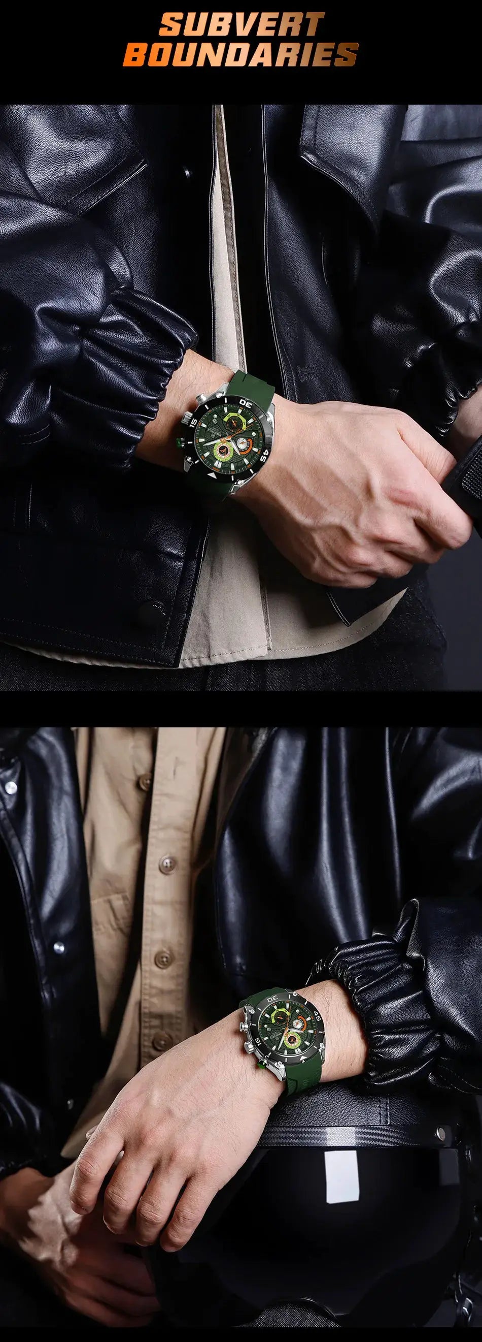NAVIFORCE sport watch for men with green strap, waterproof quartz chronograph and luminous dial