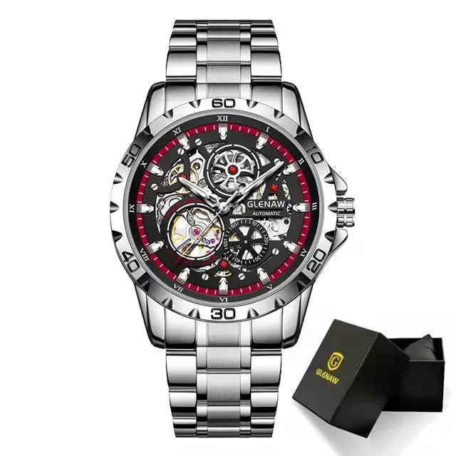 GLENAW Steampunk skeleton men’s watch with stainless steel strap and red-accent dial, automatic movement