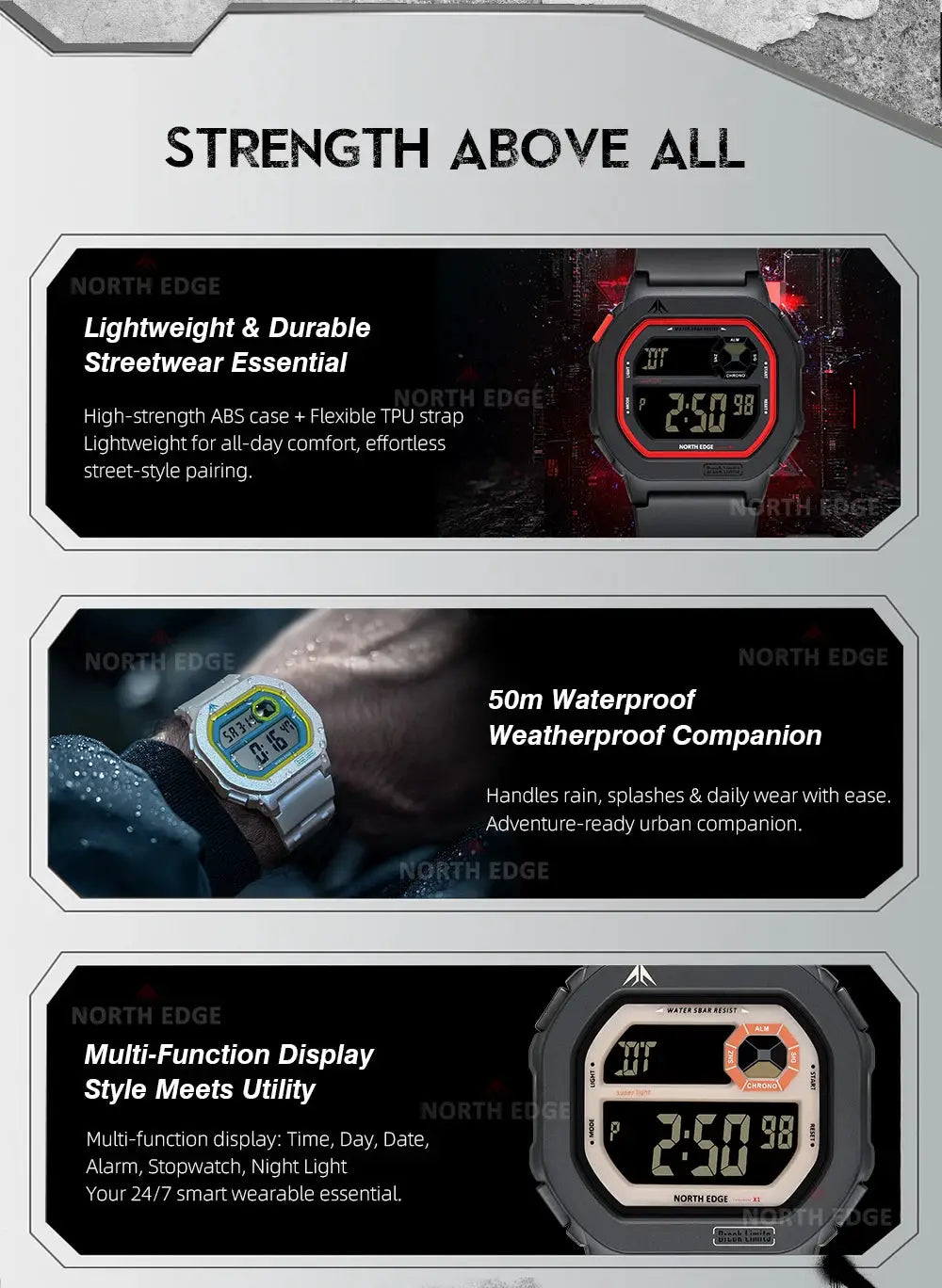 North Edge X1 square-screen digital watch; unisex sportswatch, waterproof 50M, stopwatch and alarm