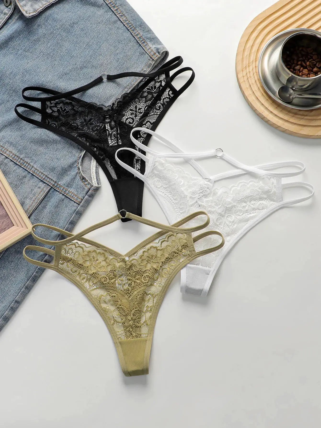 4-pack lace thong set in black, white, beige, and olive; lightweight, easy-to-clean lingerie
