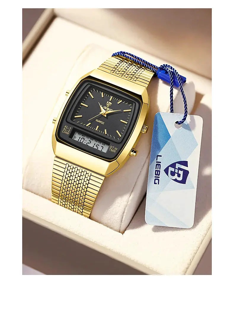 Gold-tone men's wristwatch with black dial and dual-time display; Liebig tag