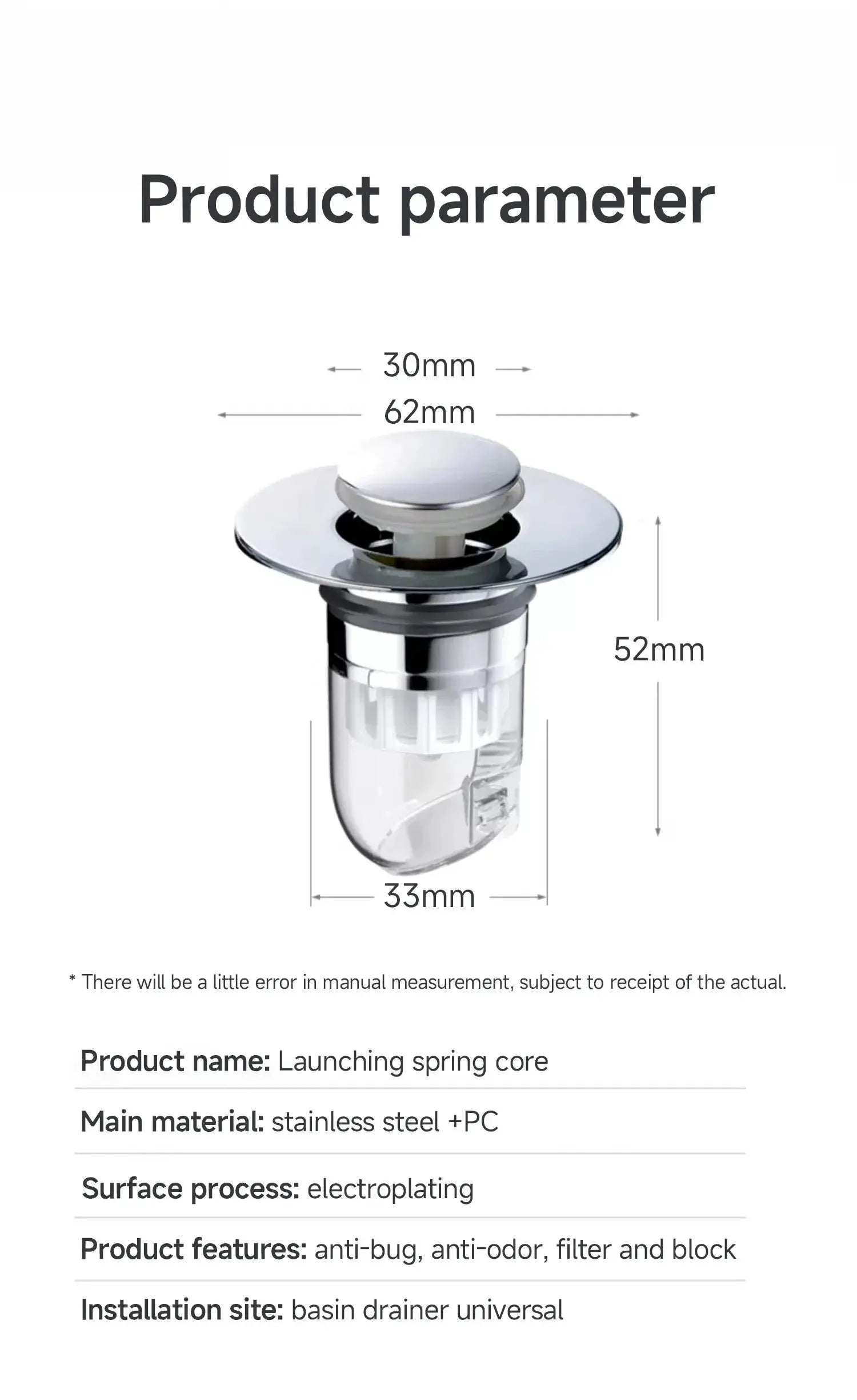 Simples Market universal basin pop-up drain filter; chrome finish with clear plastic reservoir.