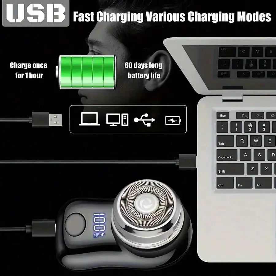 Rechargeable electric shaver for men with digital display, cordless USB charging foil shaver, compact portable design.