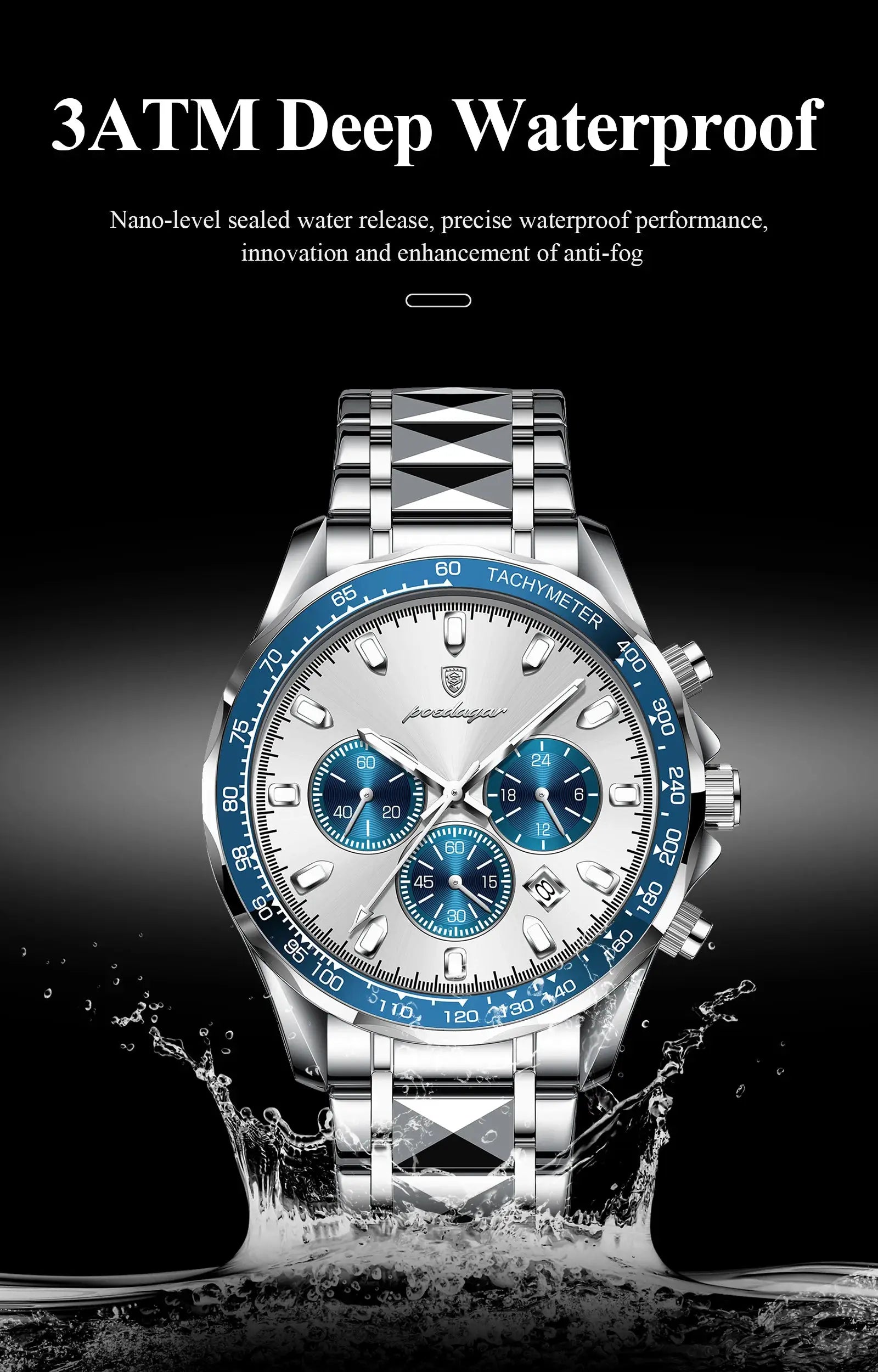 POEDAGAR stainless steel waterproof men's chronograph watch with blue tachymeter bezel and blue subdials