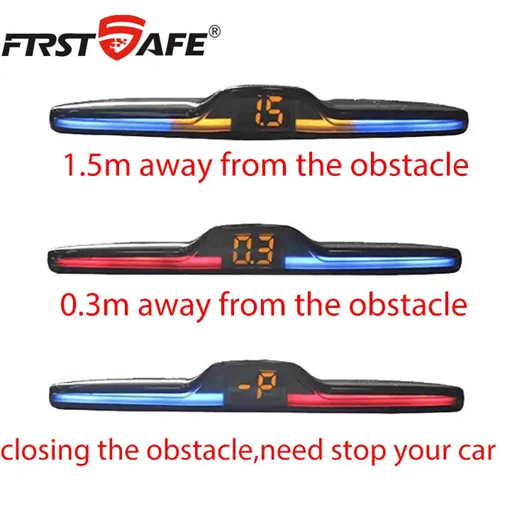 FirstSafe front and rear parking sensor display kit by Simples Market, three mood-light sensor bars with blue and red lighting