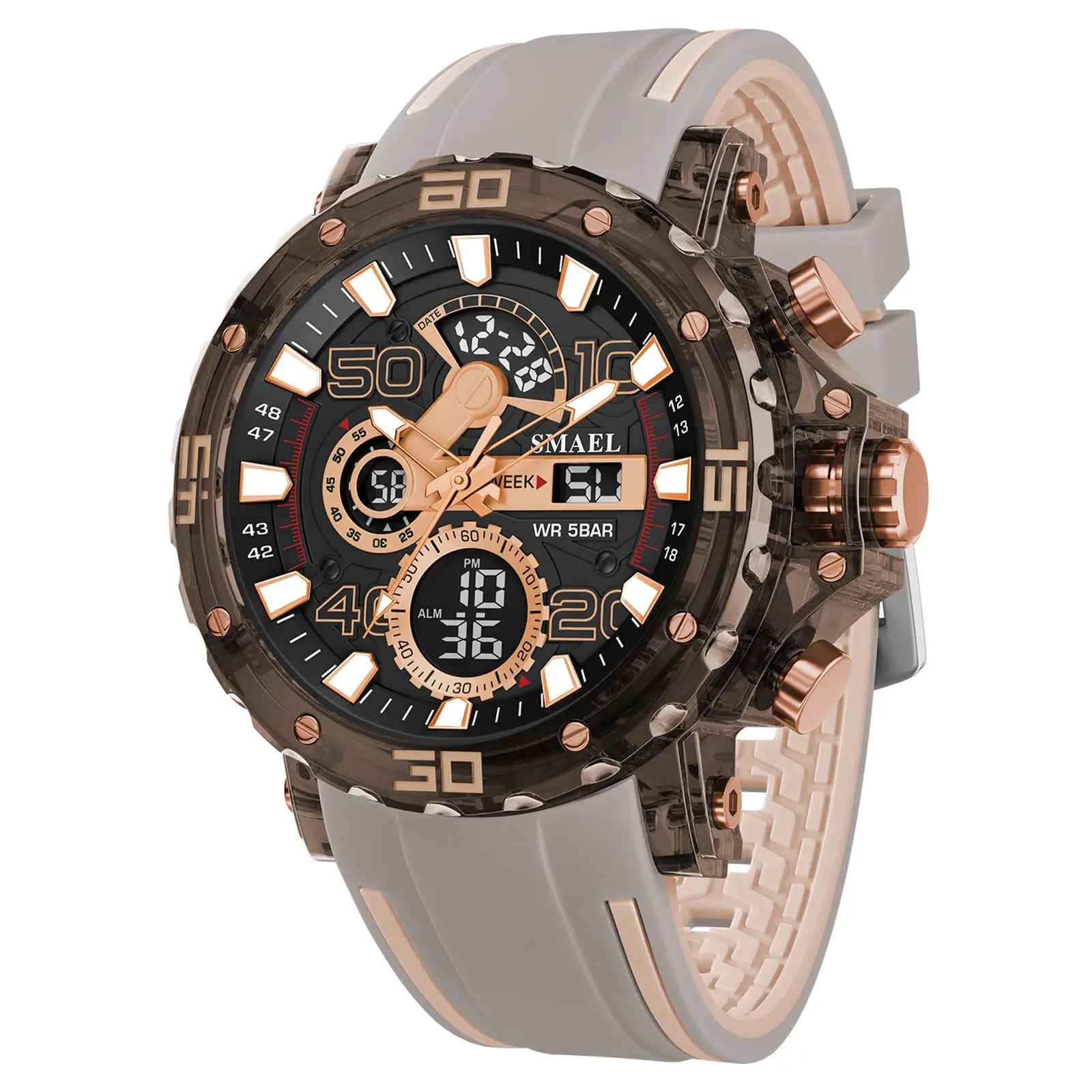 Simples Market 8136 men's sports watch with gray strap, black dial, rose-gold accents, 50M water resistant