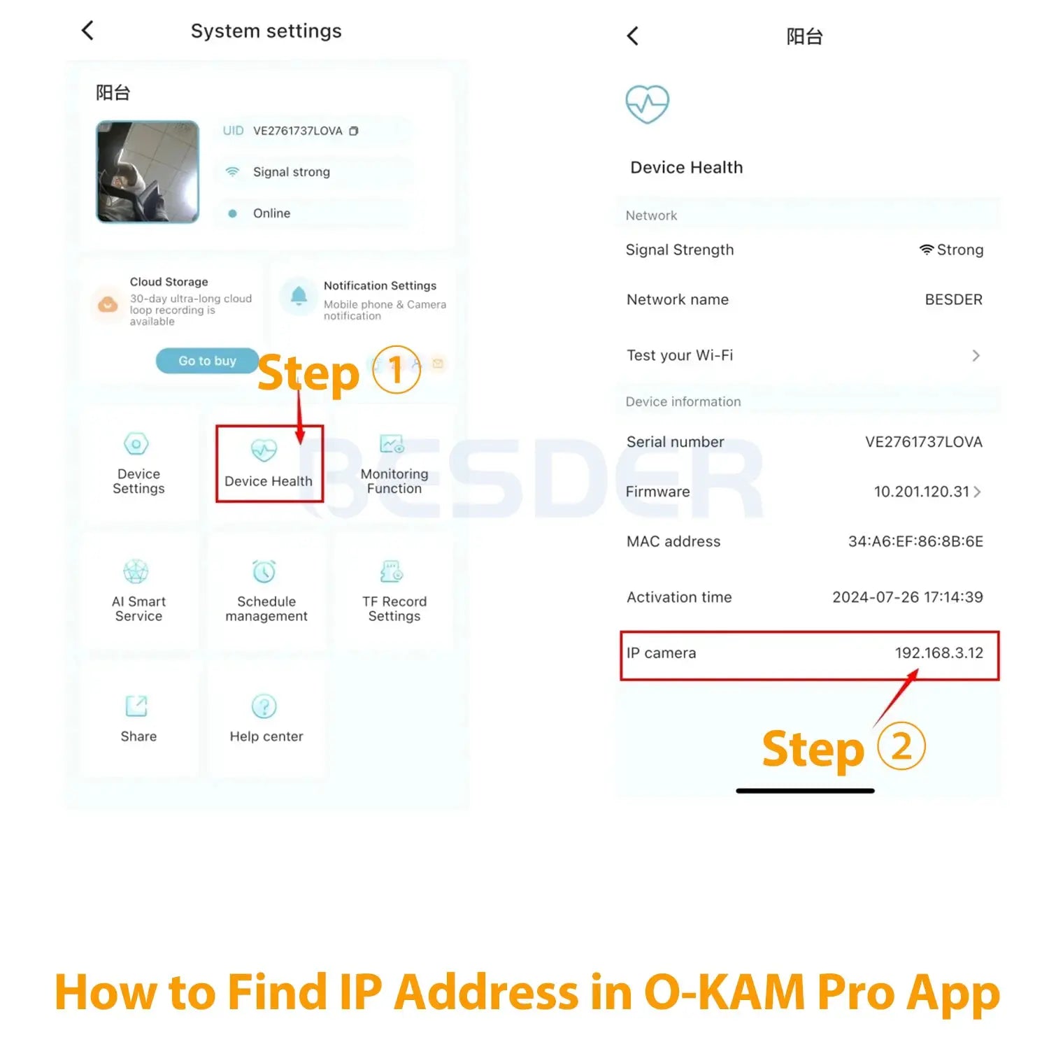 BESDER 15MP Wifi Outdoor IP Camera by Simples Market; O-Kam Pro app steps to find IP address 192.168.3.12 via Device Health.