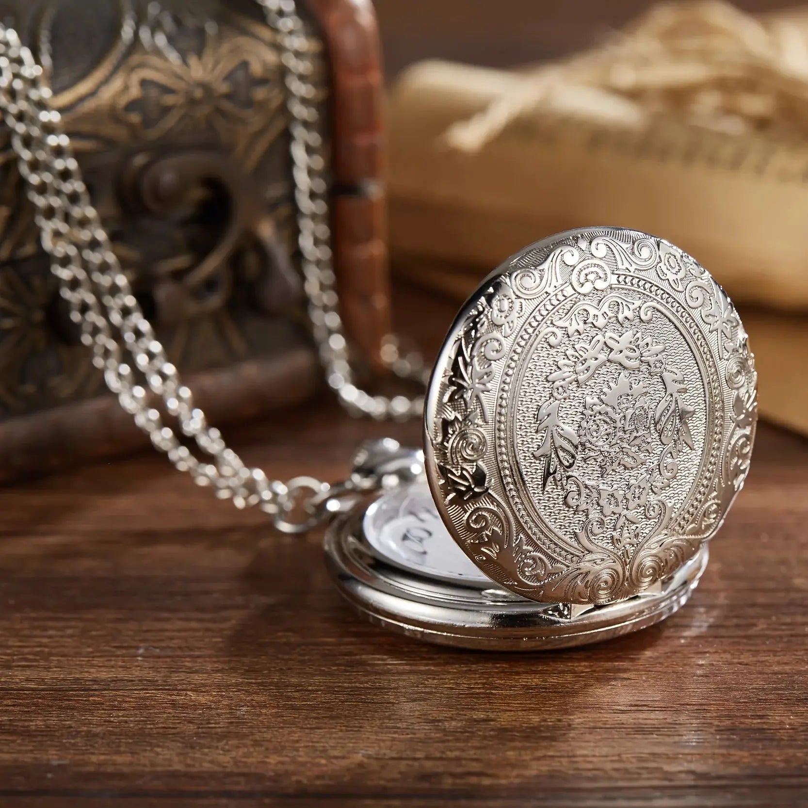 HeritageTime Carved Flip Cover Pocket Watch Necklace Quartz Movement Unisex Gift For Men And Women