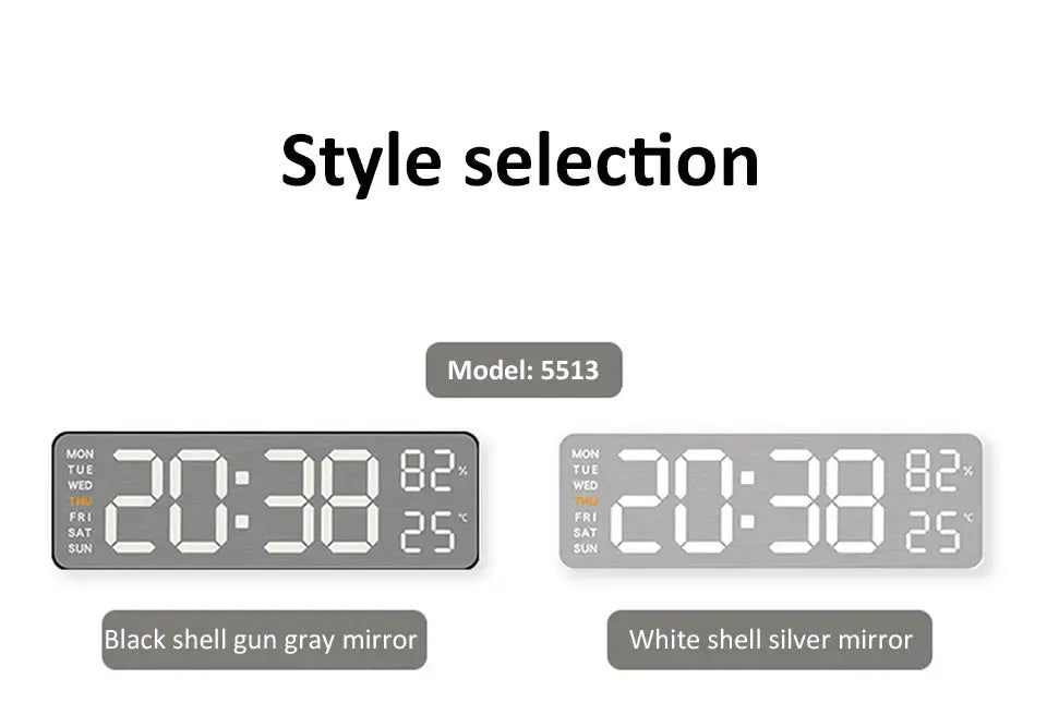 Mirror-brushed finish wall clock pair in gun-gray mirror and white-silver mirror finishes, Model 5513.