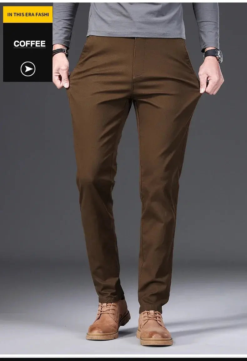 Men's casual pants, 97% cotton, brown slim-straight business trousers for autumn fashion and everyday wear