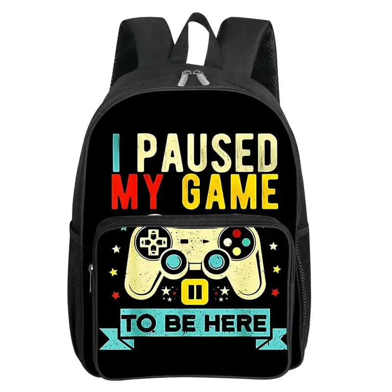 Backpack with GamePad pattern and front zip pocket, black with colorful game controller graphic