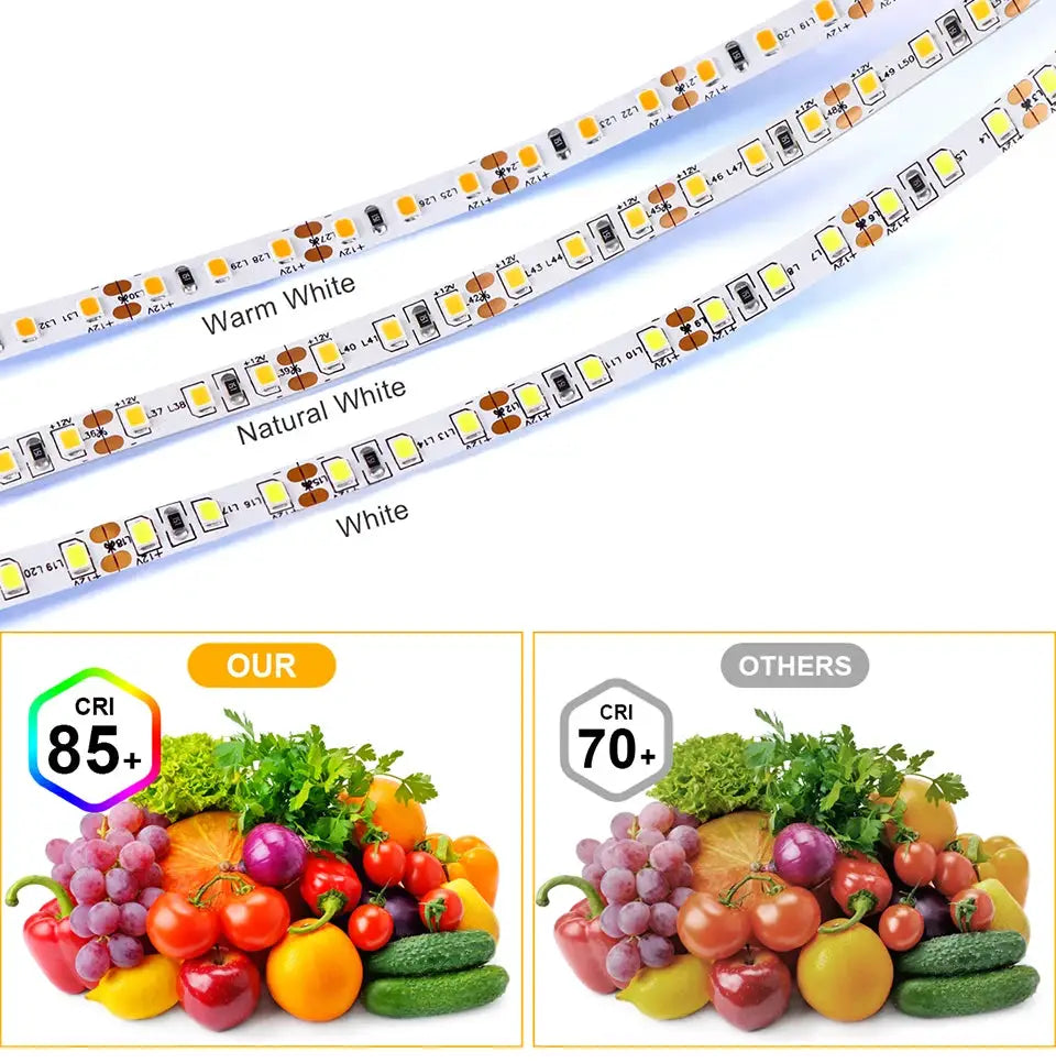 LED strip light by Simples Market, Dupont COB/2835SMD 12V tape; 3 strips with warm, natural and white light