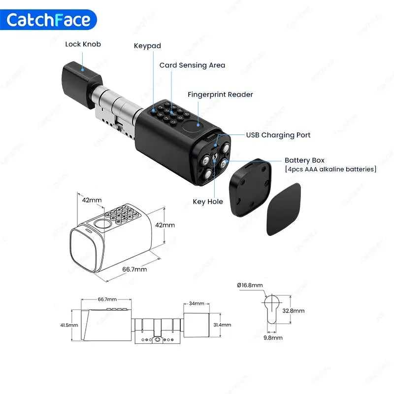 CatchFace IP66 waterproof smart door lock with fingerprint reader, keypad and RFID; USB charging, black metal cylinder.