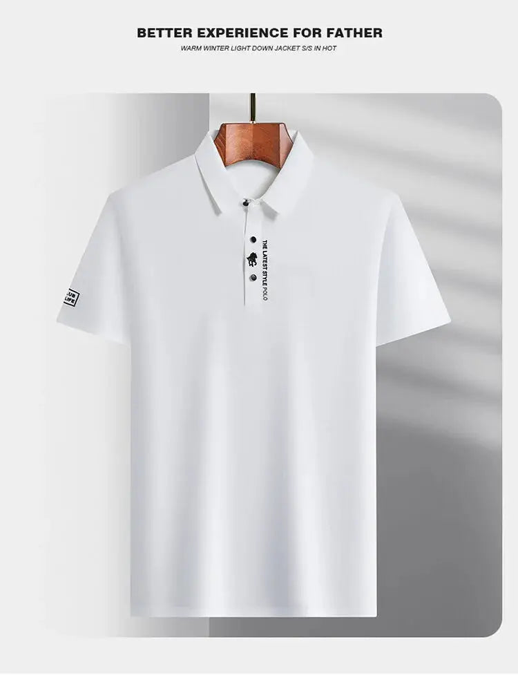 Men's white ice-silk polo shirt by Simples Market with embroidery, breathable short sleeves