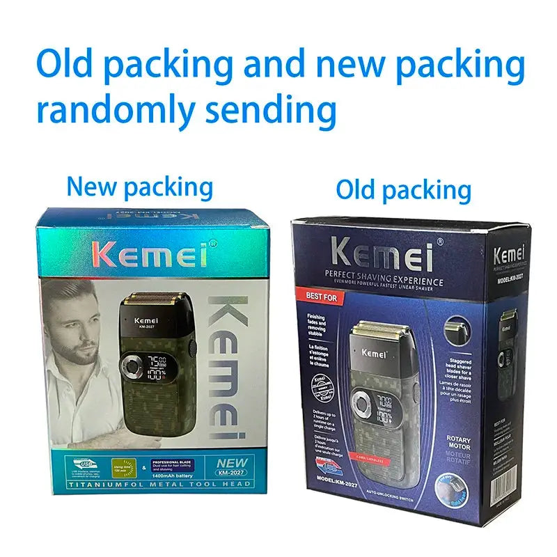 Two Kemei electric shaver boxes, one with new turquoise packaging and one with old blue packaging.