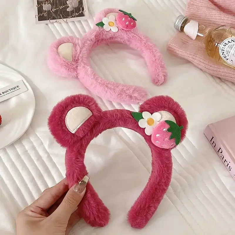 Strawberry Bear Plush Headband For Women Soft Hairband For Face Wash And Skincare Cute Fashion Accessory