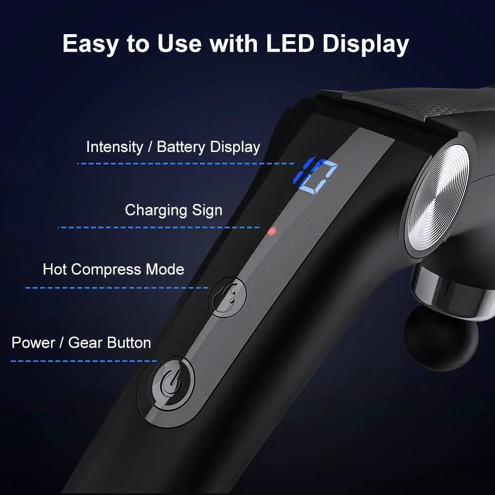 Fascia massage gun by Simples Market, handheld black electric muscle massager with LED display