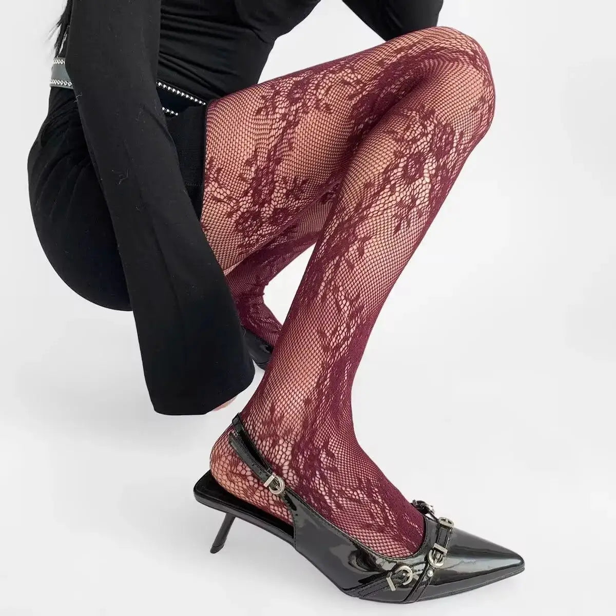 Lolita Sweet Floral Punk Style Colorful Thigh High Tights Hollow Out Mesh Fishnet Design For Women