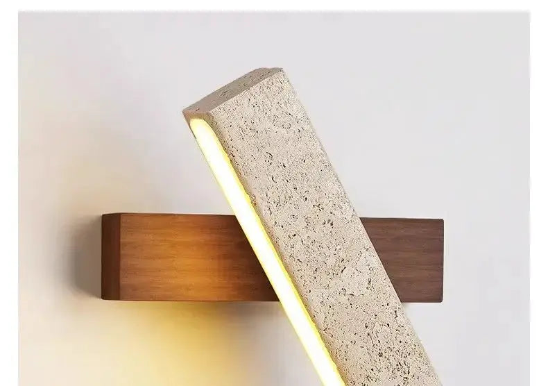 Natural stone wall lamp sconce with wooden backplate and warm LED lighting