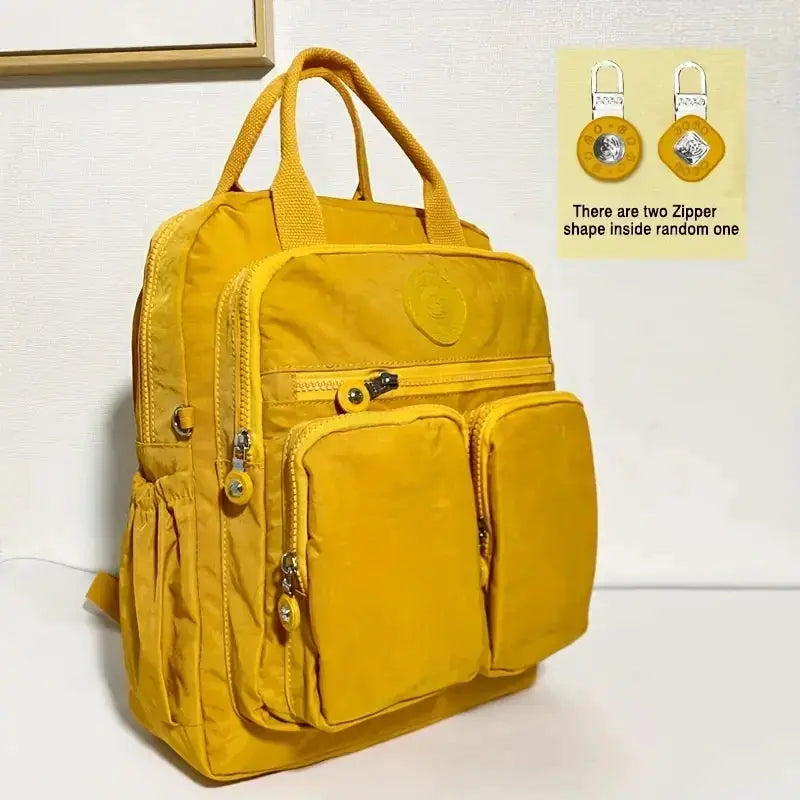 Fashion Woman Backpack yellow waterproof nylon with multiple pockets and top handles