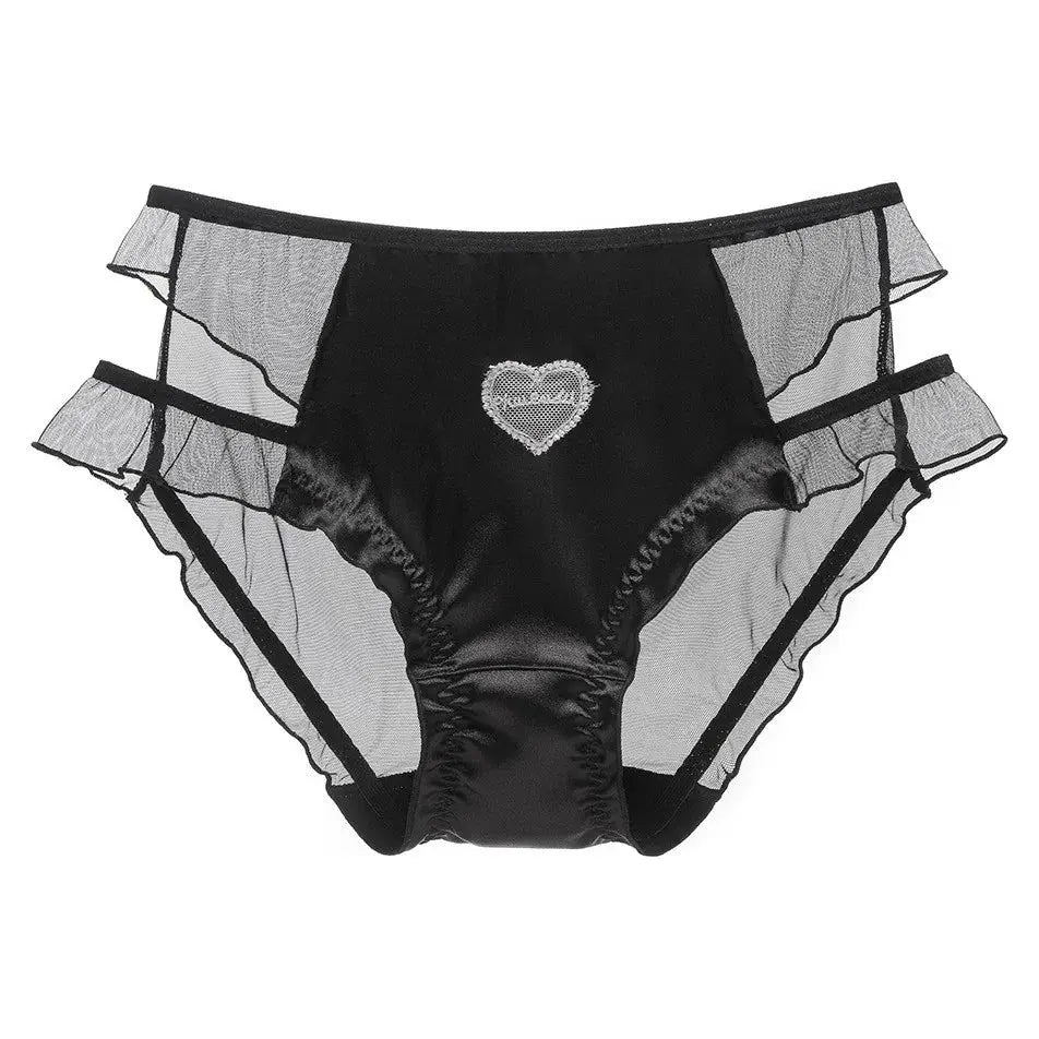 Panties Simples Market black sheer mesh with heart-shaped lace applique