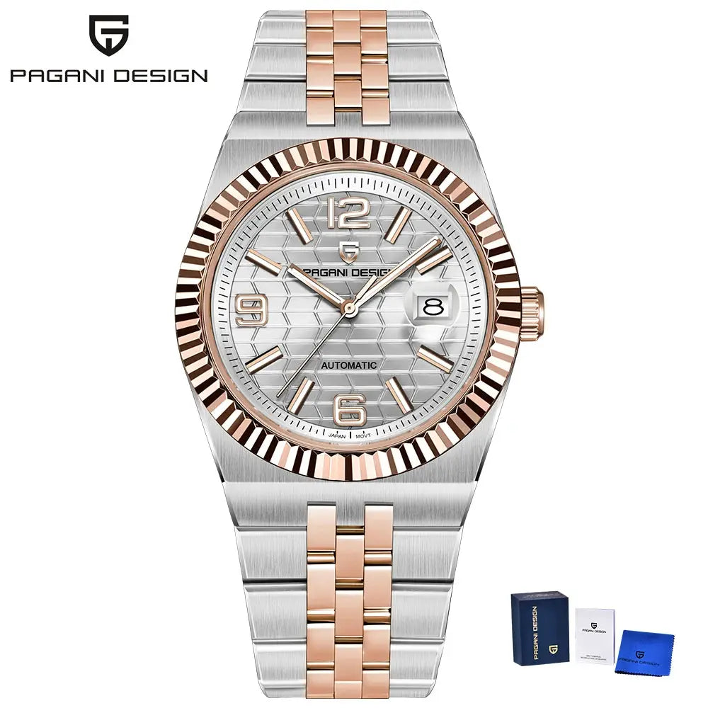Pagani Design two-tone automatic watch for men with rose-gold bezel, AR sapphire crystal, textured 3D rhombus dial.