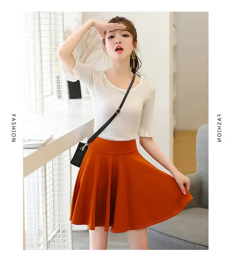 Flared mini skirt, burnt orange, pleated, women's casual fashion, versatile everyday wear