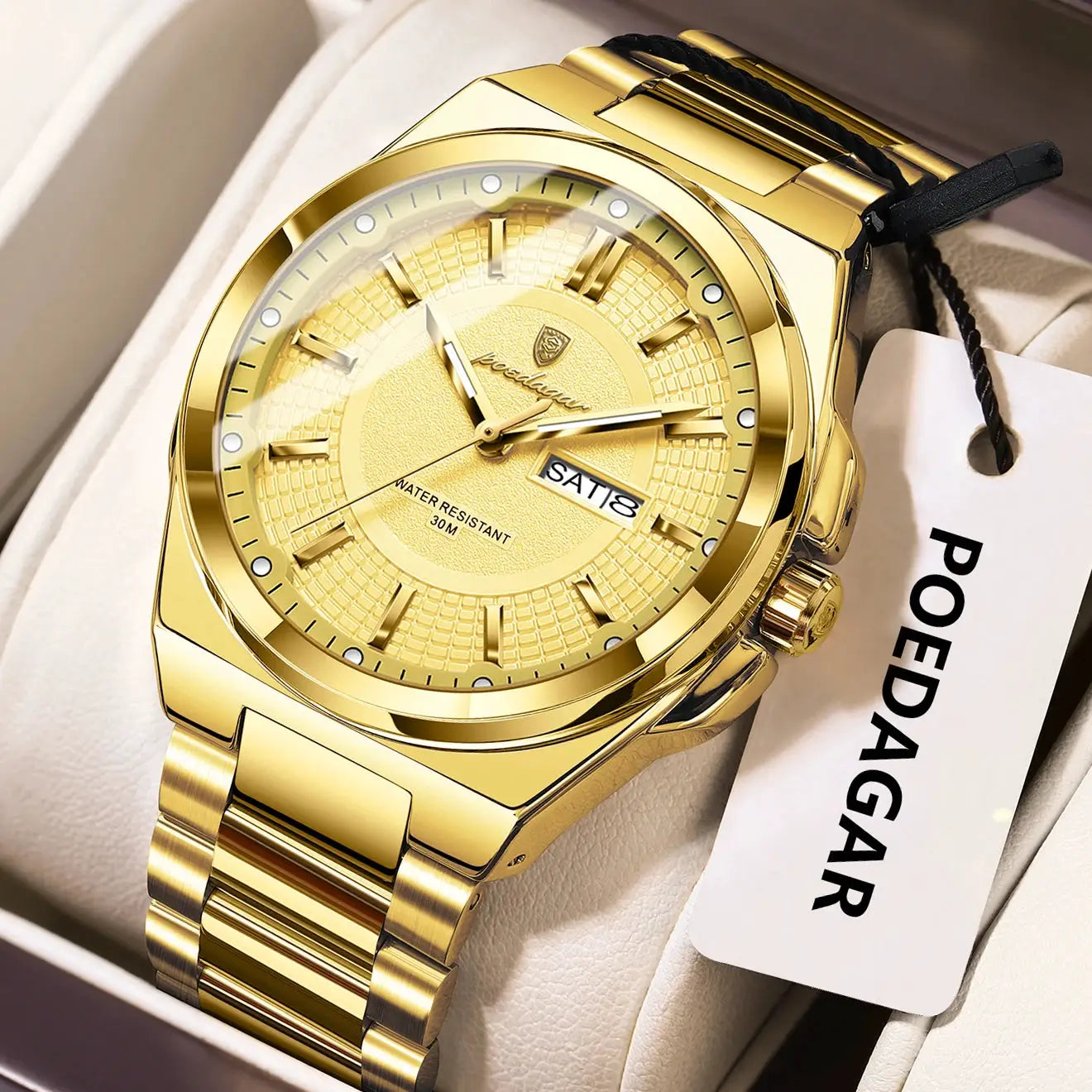 POEDAGAR Sport men's gold-tone stainless steel wristwatch with date window and luminous hands