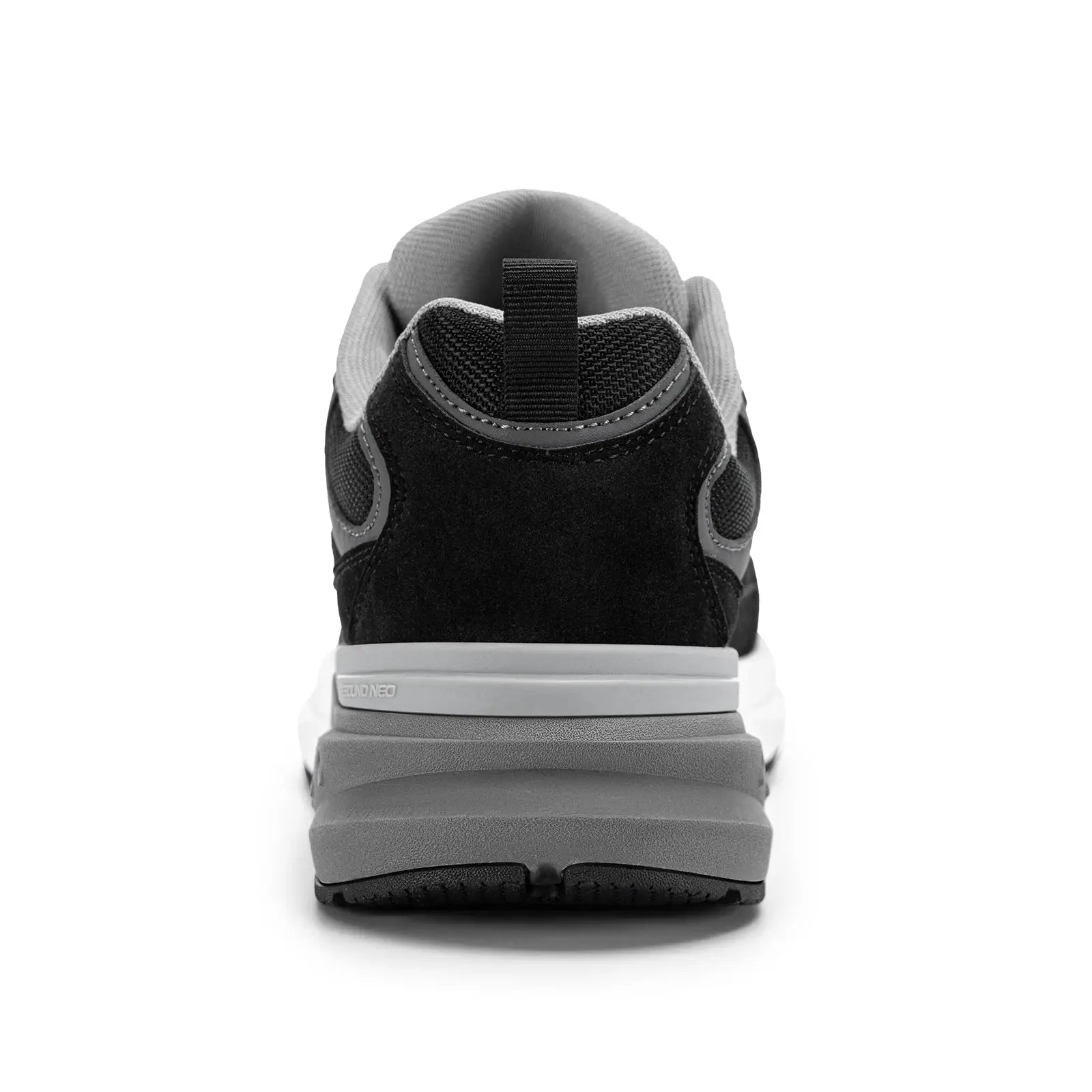 FitVille men's walking shoe back view; black suede and mesh upper with grey chunky sole