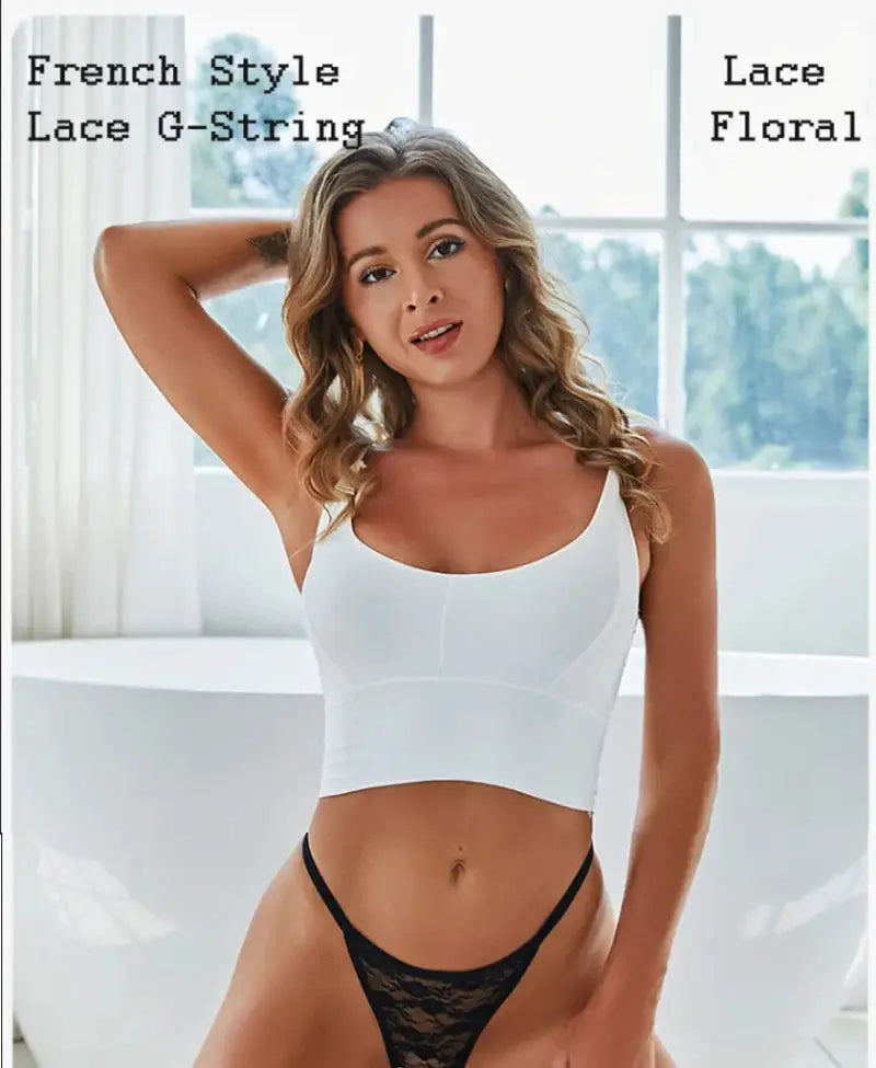 Women's black lace G-string thong underwear with floral lace detailing