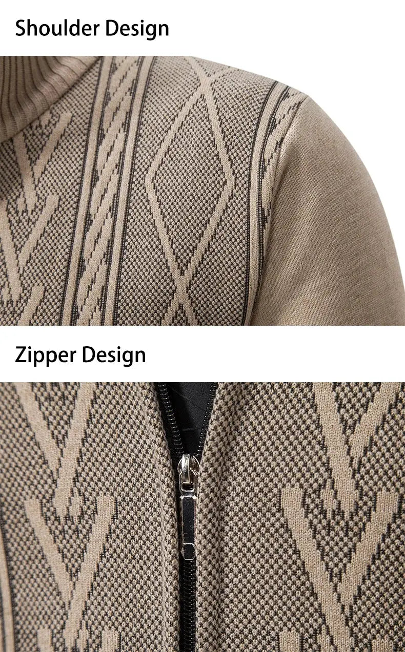 Simples Market men's cashmere padded knitted sweater coat with beige diamond pattern and front zipper.