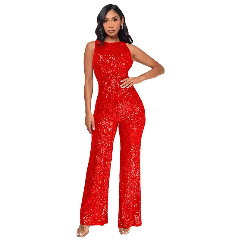 Sequined red jumpsuit for women by Simples Market, sleeveless, high-waist, glamorous fit.