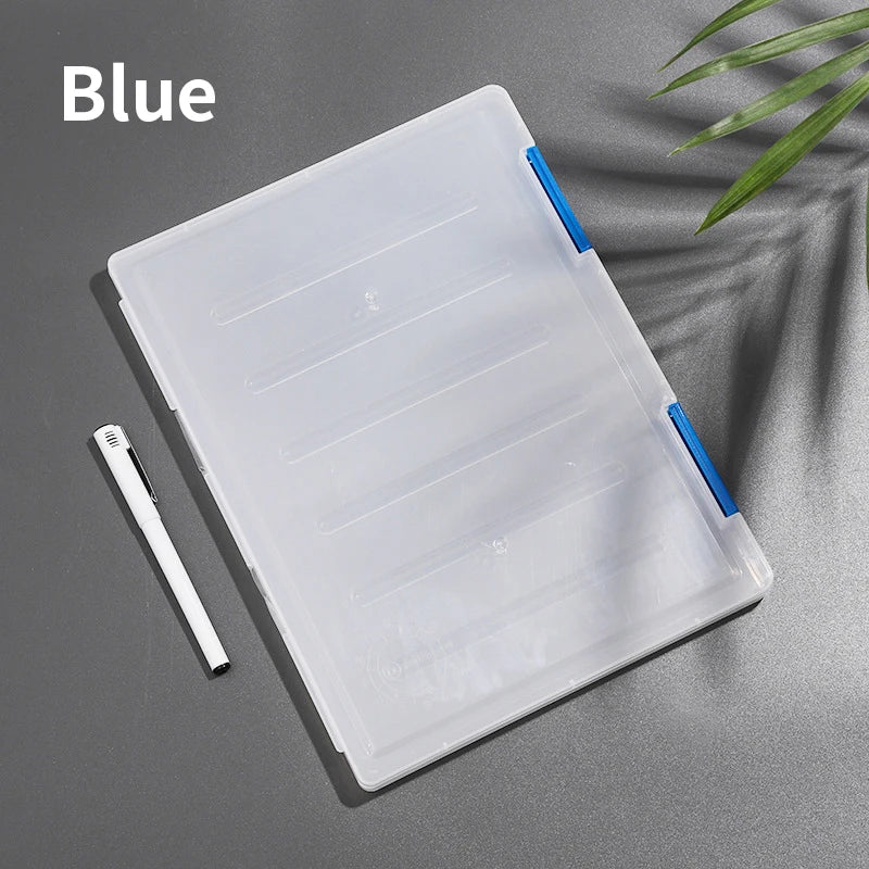 A4 transparent plastic file box with blue side latches and lid; ideal for students' documents and organization
